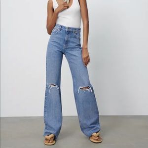 NWOT Zara WIDE LEG FULL LEGNTH RIPPED JEANS